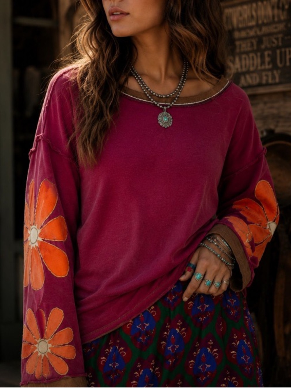 Boho Magenta Top with Orange Floral Sleeve Accents